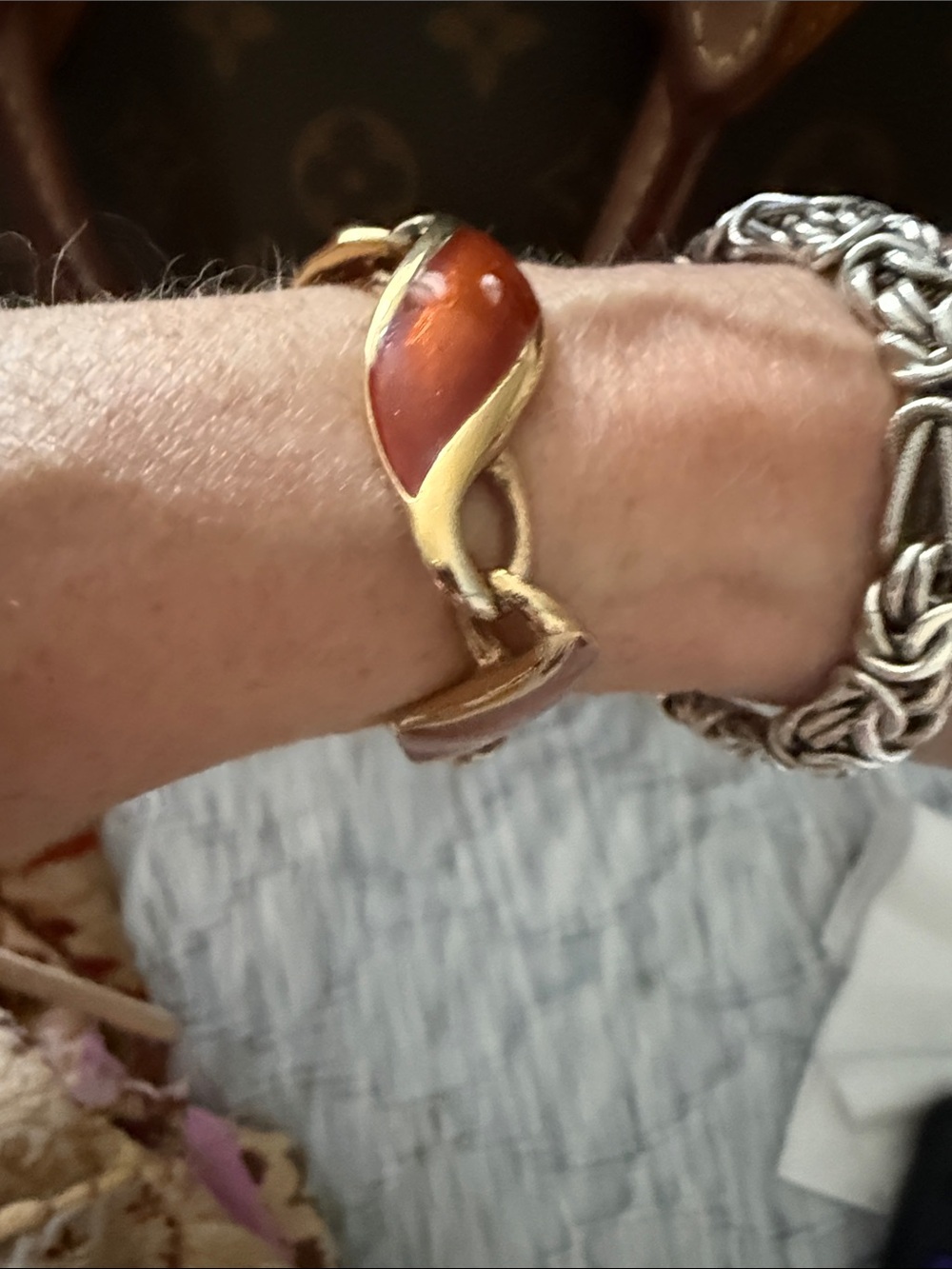 Trifari mid century Gold-Tone Bracelet with Amber-Red Enamel Accents signed